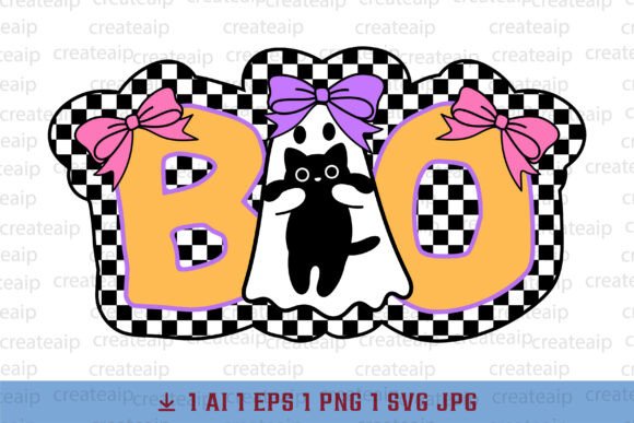 BOO Cute Halloween Ghost Cat Checkered P