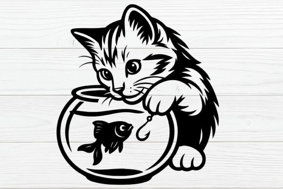 Curious Cat Looking at Goldfish SVG
