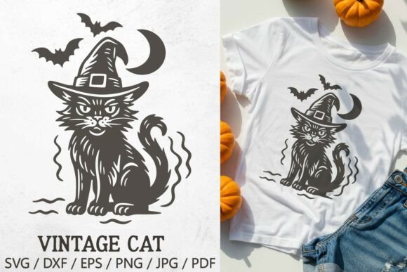 Vintage Halloween Cat Witch Hat SVG File